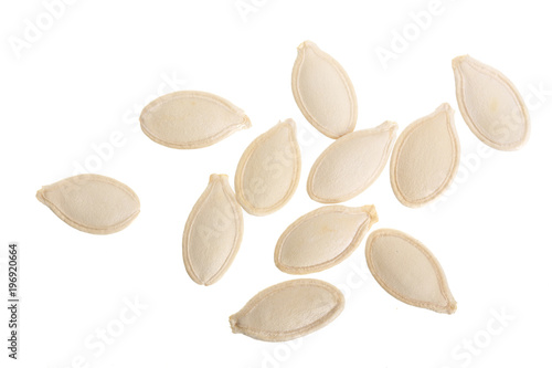 Heap of pumpkin seeds isolated on white background. Top view. Flat lay