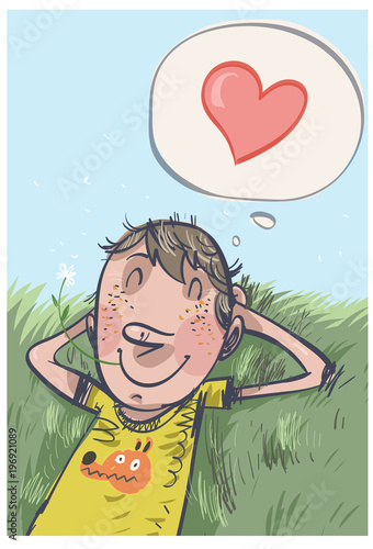 Young boy dreams of love. Vector illustration