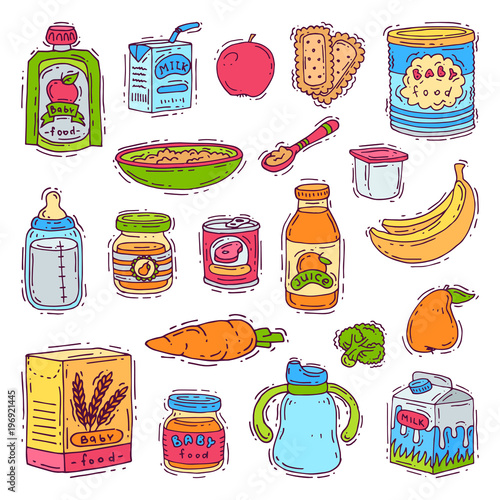 Baby food vector child healthy nutrition vegetable mashed puree in jar and fresh juice with fruits bananas apples for childcare health illustration set isolated on white background