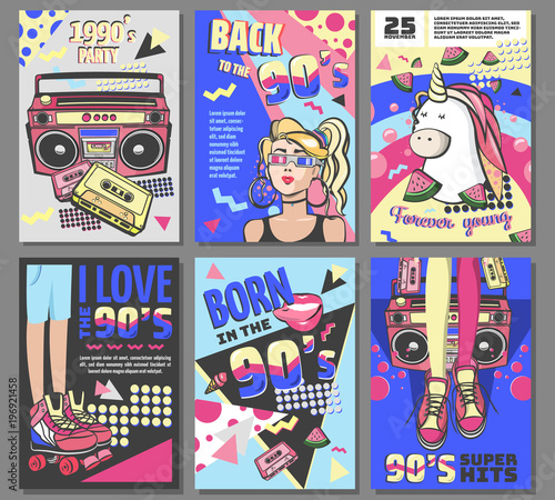 Memphis cards with geometric elements and retro illustrations. Set of vector banners in trendy 80s-90s memphis style. cover design, advertising, poster and greeting card. graphic tee and printed tee