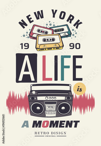 Typography slogan with tape recorder, in 80s 90s memphis style vector for t shirt printing, graphic tee and printed tee