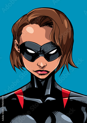 Superheroine Portrait Masked Line Art 2 / Comics illustration of the portrait of a powerful masked superheroine looking at camera with a tough facial expression isolated on blue background.