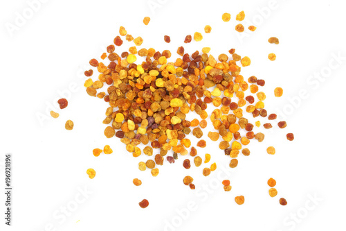 fresh bee pollen isolated on white background. Top view. Flat lay