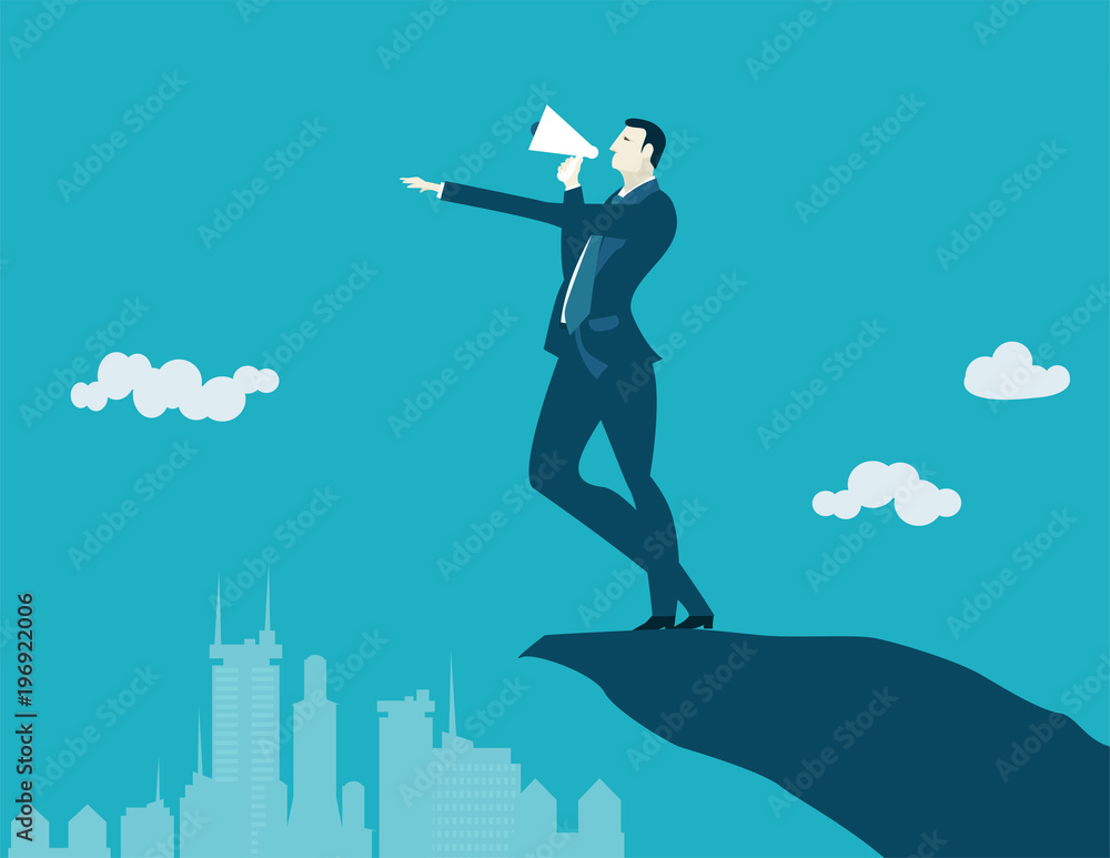 Businessman taking with loudhailer. Control, support and making decision concept illustration Businessman taking with loudhailer. Control, support and making decision concept illustration