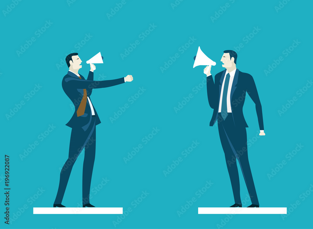 Fototapeta premium Two business people negotiation with loudhailer. Control, support and making decision concept illustration 