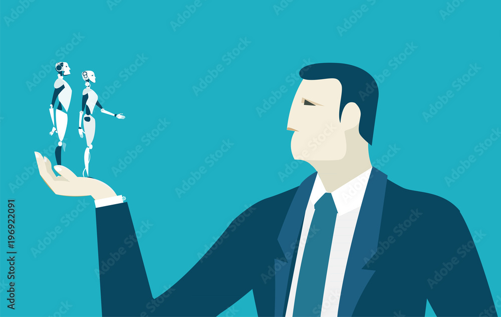 Businessmen holding and looking at mini robots. Innovation and making decision concept illustration Businessmen holding and looking at mini robots. Innovation and making decision concept illustration