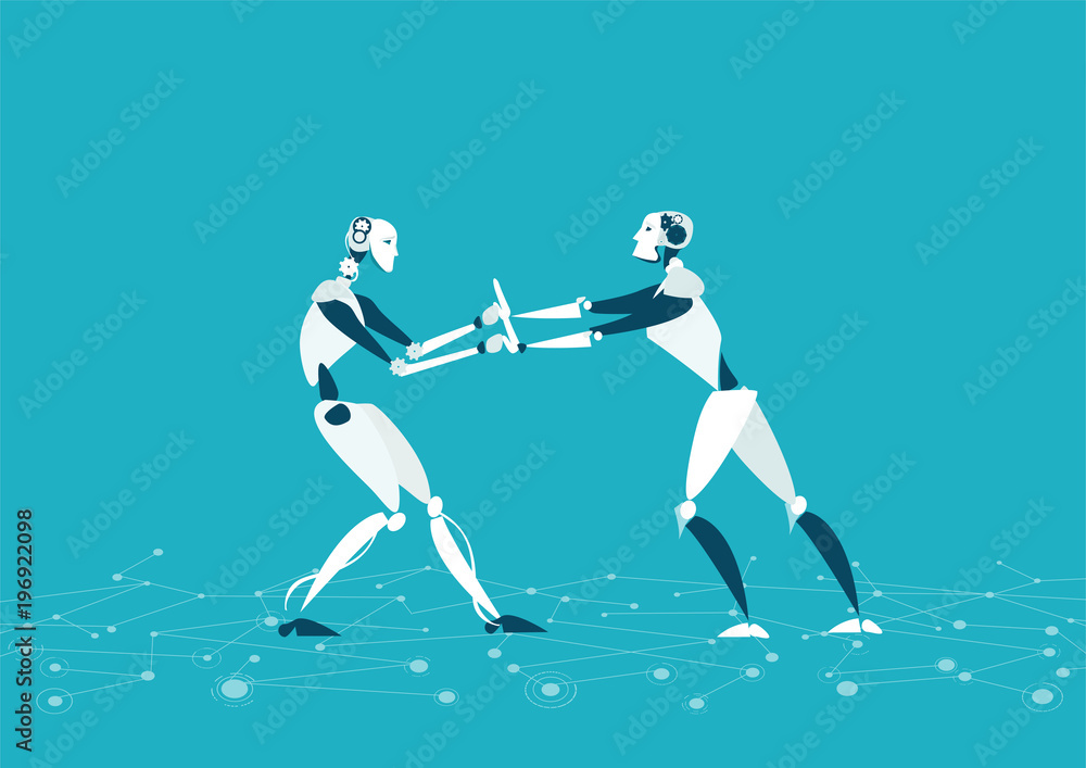 Robotic progress automatisation concept illustration. Two robot fighting for the leading position