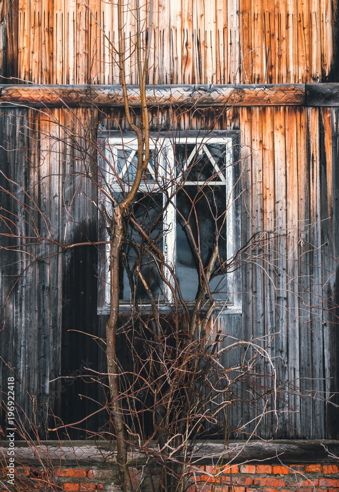 Broken windows of the old abandoned house. Old age and loneliness