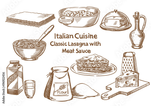 Italian cuisine. Classic lasagna with meat sause ingredients vector sketch.