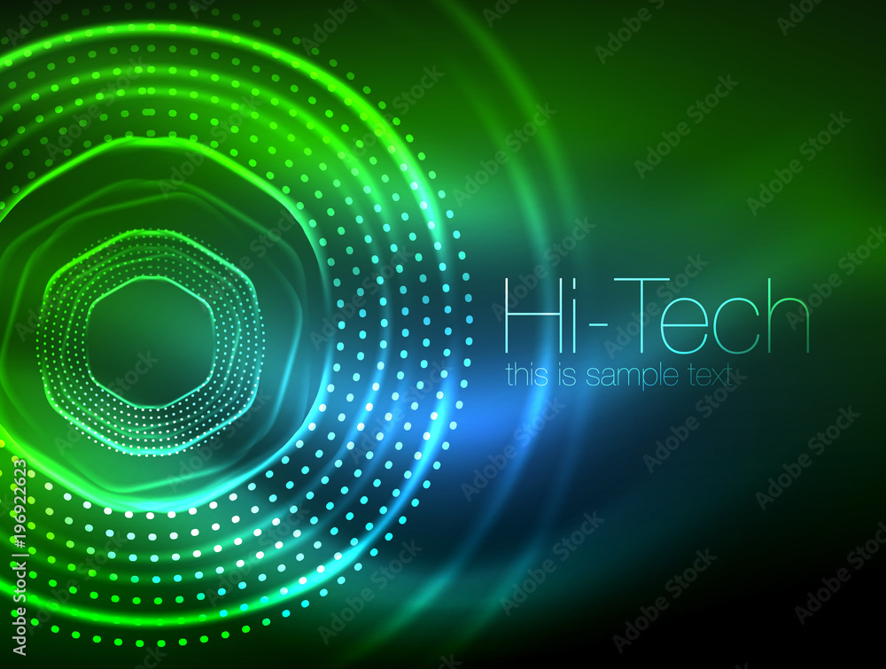 Magic neon circle shape abstract background, shiny light effect template for web banner, business or technology presentation background or elements, vector illustration Magic neon circle shape abstract background, shiny light effect template for web banner, business or technology presentation background or elements, vector illustration