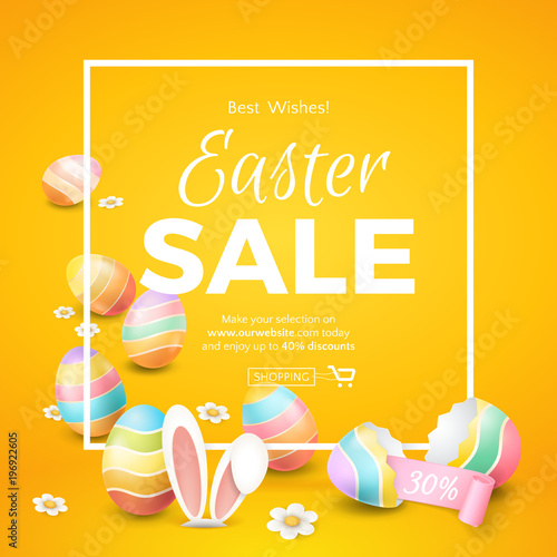 Vector template of easter sale banner with 3d colored eggs, cartoon bunny ears, camomiles, pink ribbon, frame and broken eggshell on the orange background. For design of flyers with discount offers.