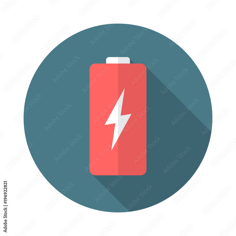 Battery circle icon with long shadow. Flat design style. Battery simple silhouette. Modern, minimalist, round icon in stylish colors. Web site page and mobile app design vector element. Battery circle icon with long shadow. Flat design style. Battery simple silhouette. Modern, minimalist, round icon in stylish colors. Web site page and mobile app design vector element.
