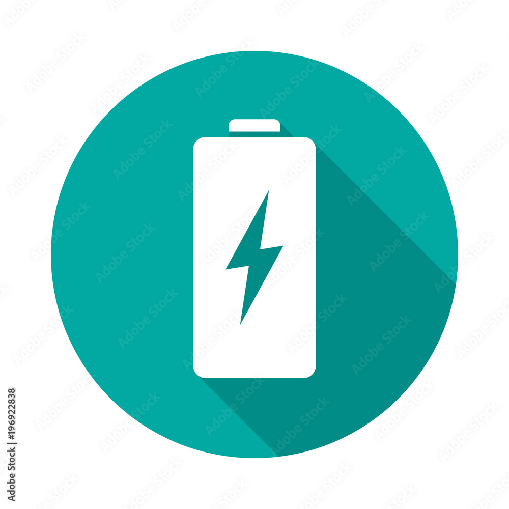 Battery circle icon with long shadow. Flat design style. Battery simple silhouette. Modern, minimalist, round icon in stylish colors. Web site page and mobile app design vector element. Battery circle icon with long shadow. Flat design style. Battery simple silhouette. Modern, minimalist, round icon in stylish colors. Web site page and mobile app design vector element.