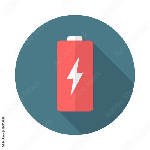 Battery circle icon with long shadow. Flat design style. Battery simple silhouette. Modern, minimalist, round icon in stylish colors. Web site page and mobile app design vector element.