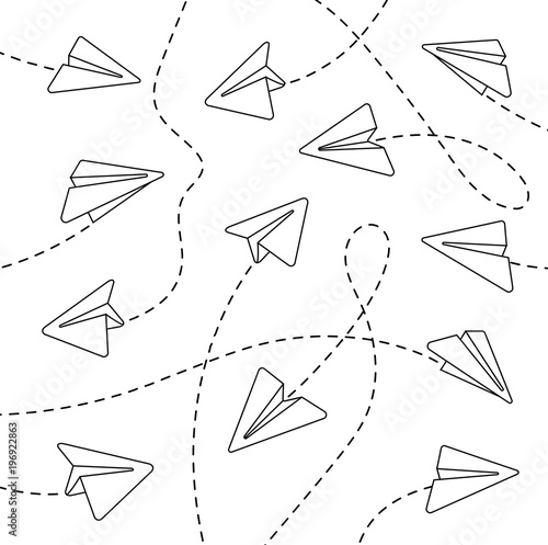 Paper airplanes. Paper airplanes with dashed lines. Paper airplanes with dashed lines on a white background. Paper airplanes with dashed lines in a linear style. Vector illustration Eps10 file