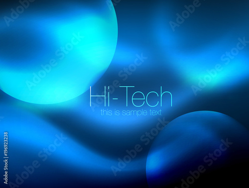 Blurred blue neon glowing circles, hi-tech modern bubble template, techno glowing glass round shapes or spheres. Geometric abstract background