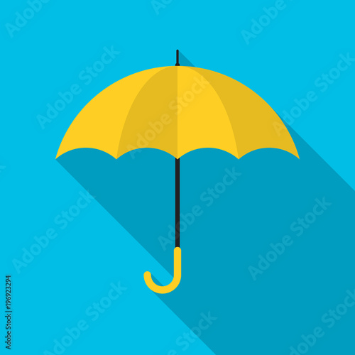 Yellow umbrella icon with long shadow. Flat design style. Umbrella simple silhouette. Modern, minimalist icon in stylish colors. Web site page and mobile app design vector element.