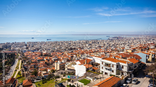 View of Thessaloniki city, the sea, ships and the olympous mountain