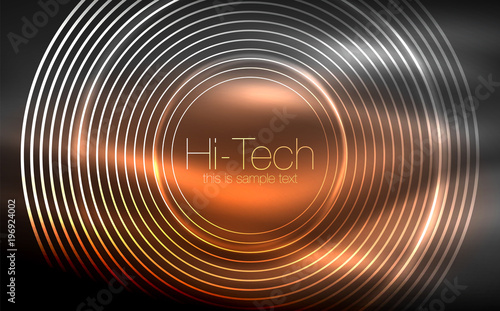 Circular glowing neon shapes, techno background. Abstract shiny transparent circles on dark technology space