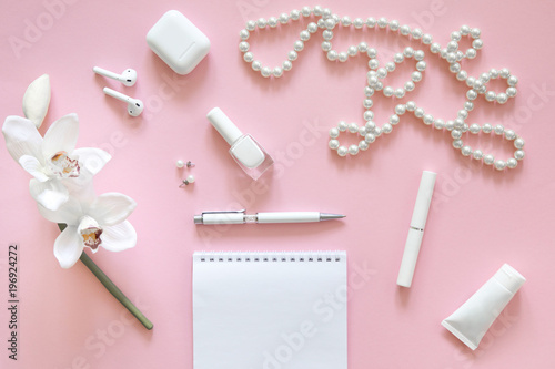Still life of fashion woman, objects on pink background