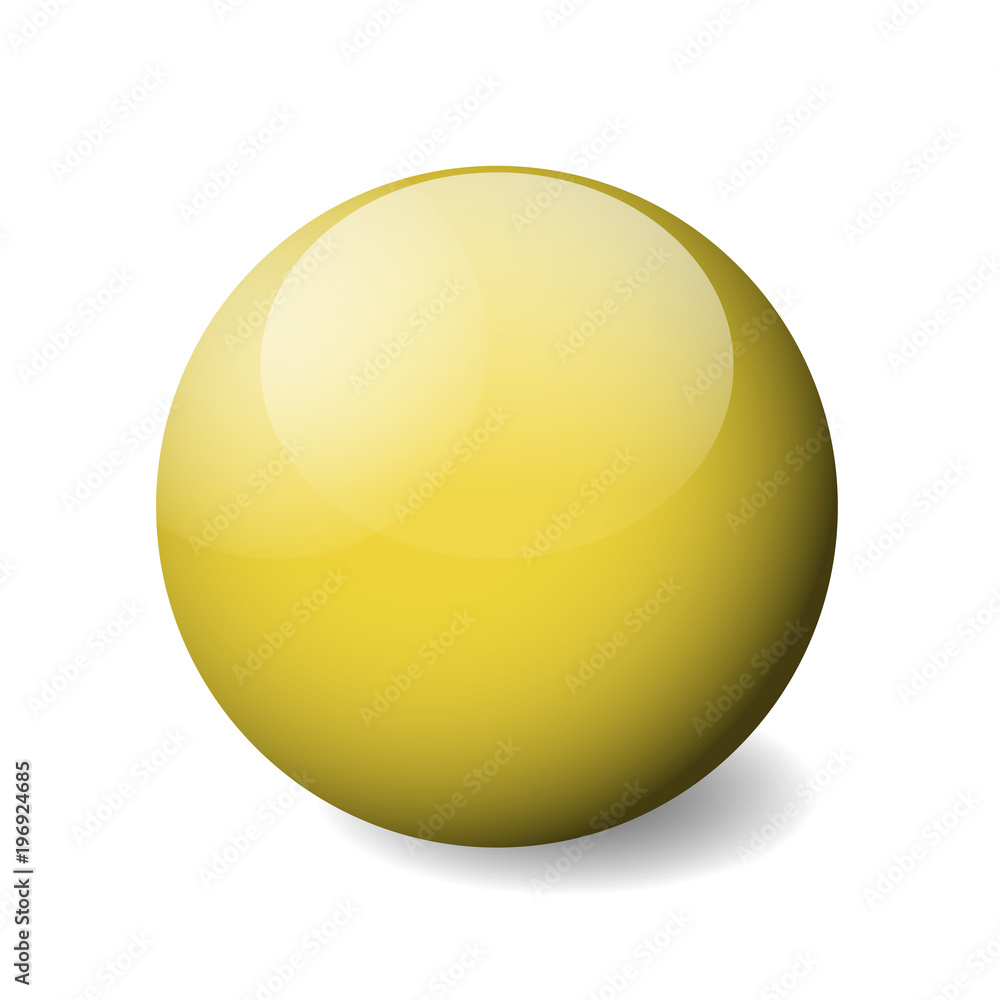 Yellow glossy sphere, ball or orb. 3D vector object with dropped shadow on white background.