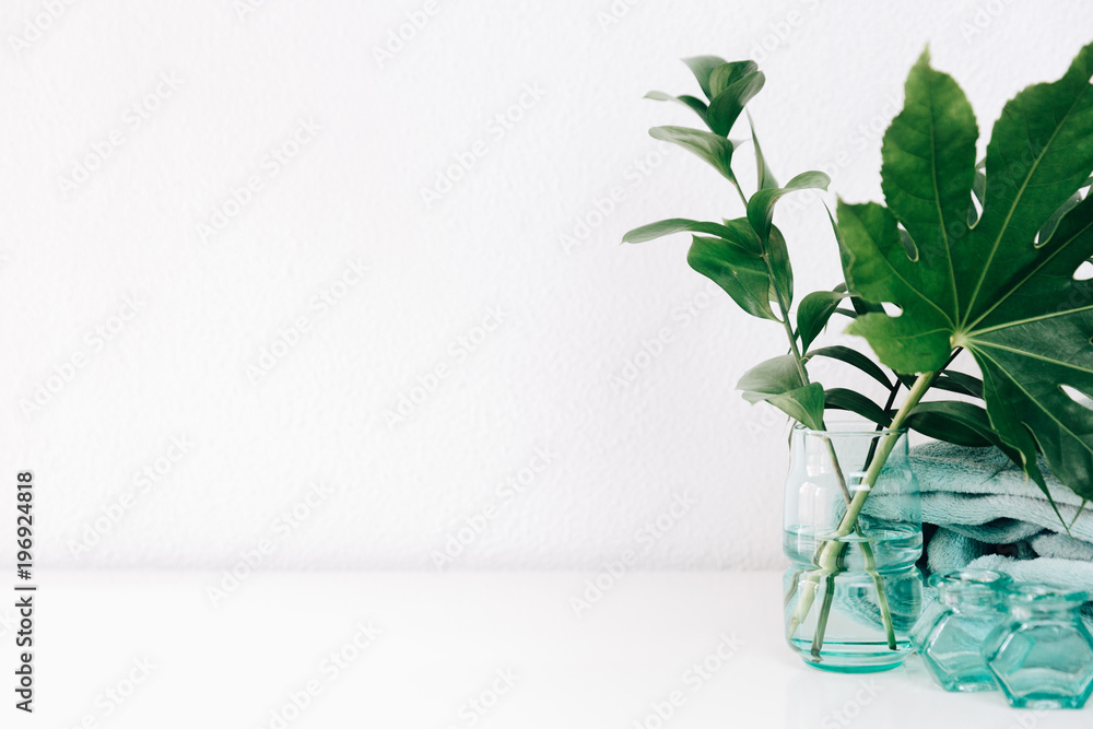 Minimal home decor with copy space. Green leaves in vase Minimal home decor with copy space. Green leaves in vase
