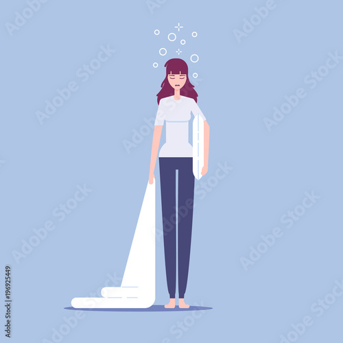 Cartoon tired sleepy woman standing with pillow and blanket in her hands vector flat style vector illustration. Sleepy girl getting ready for bed or heavy early rise. Young woman at night or morning