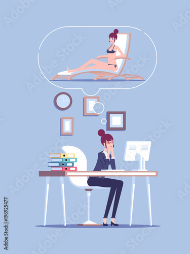 Tired business woman character overloaded at work and dreaming of vacation on beach resort vector flat illustration. Stressed businesswoman thinking of herself lying on a chaise longue in swim suit.