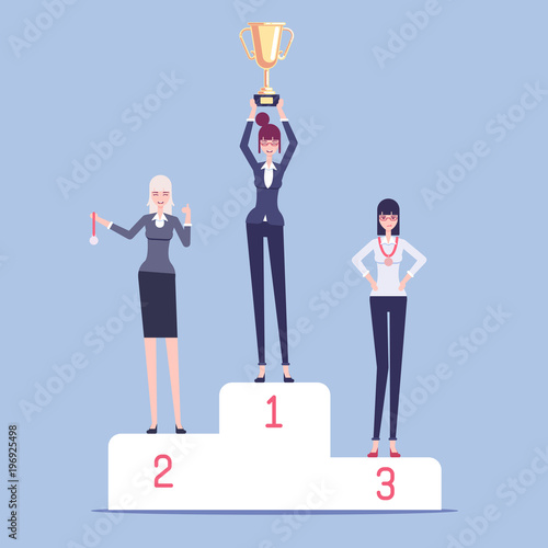 Business women winners stand on pedestal at the awards ceremony flat illustration. Honoring and rewarding woman gold cup for first place and awarding medals to others. Business concept competition