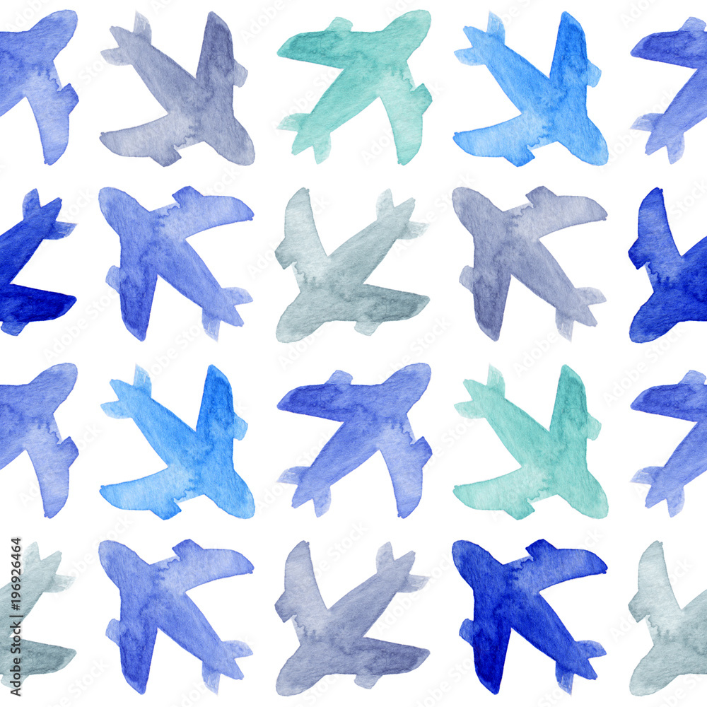 Watercolor illustrated vacation traveling jet plane pattern in blue and gray ink color