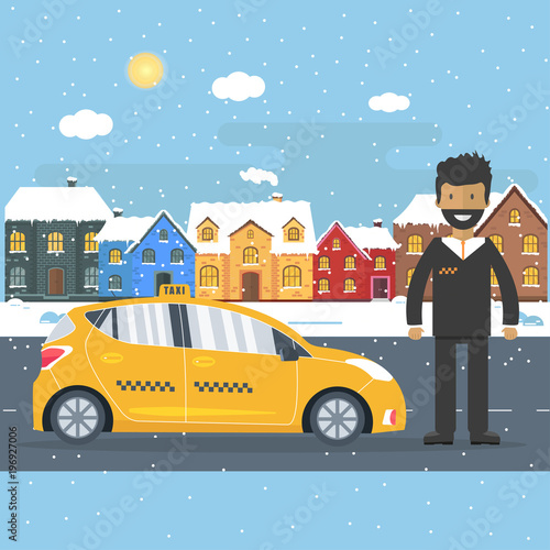 Machine yellow cab with driver in the city. Public taxi service concept.