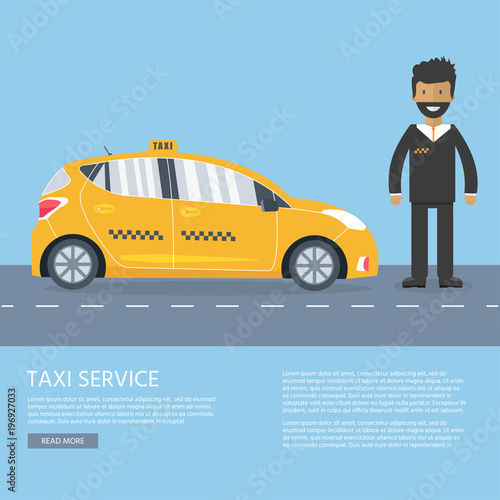 Machine yellow cab with driver in the city. Public taxi service concept.