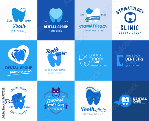 Dental tooth badge icons vector dentist implantology clinic toothcare icon stomatology dentistry care design set illustration isolated on background