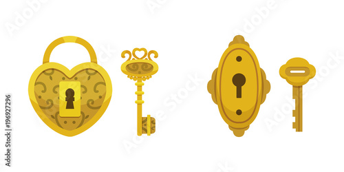 Set of vintage keys and locks. Vector illustration cartoon padlock. Secret, mystery or safe icon.