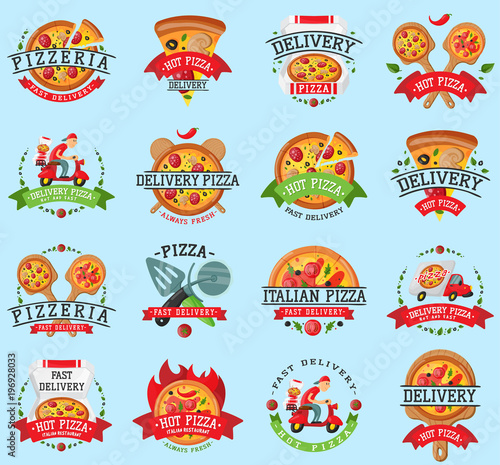 Pizza italian restaurant vector badge icons set illustration. Food and drink pizzeria elements typographic design label or sticker bakery. Cooking menu symbol with traditional pizza Ingredients