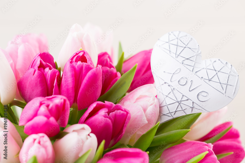 Obraz premium Pink tulip on the white background. Easter background