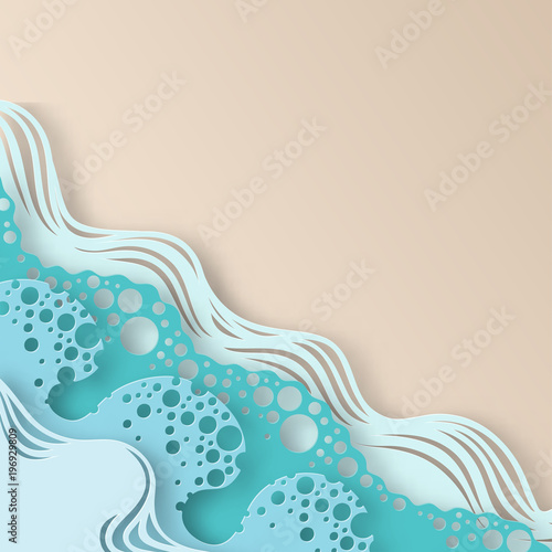 Abstract paper art sea or ocean water waves and beach. Summer background with seacoast. Paper sea waves with lines and bubbles. Paper cut style