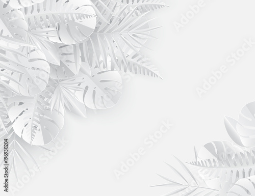 Tropical paper palm, monstera leaves frame. Summer tropical leaf. Origami exotic hawaiian jungle, summertime background. Paper cut style. White color