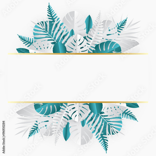 Tropical paper palm, monstera leaves frame. Summer tropical leaf. Origami exotic hawaiian jungle, summertime background. Paper cut style. White color