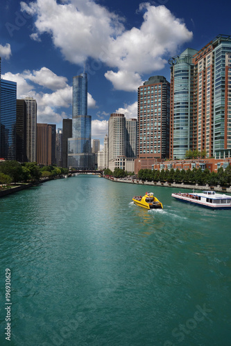 Tour boats and Chicago skyline