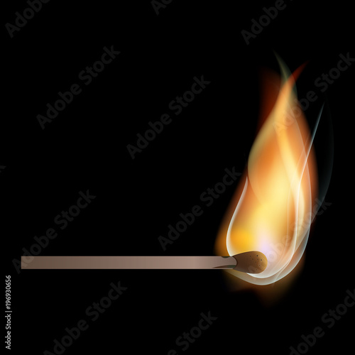 Wooden match on fire. Isolated on a black background. Stock vector realistic illustration