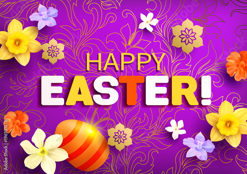 Easter greeting card with flowers and colored egg. Vector illustration.