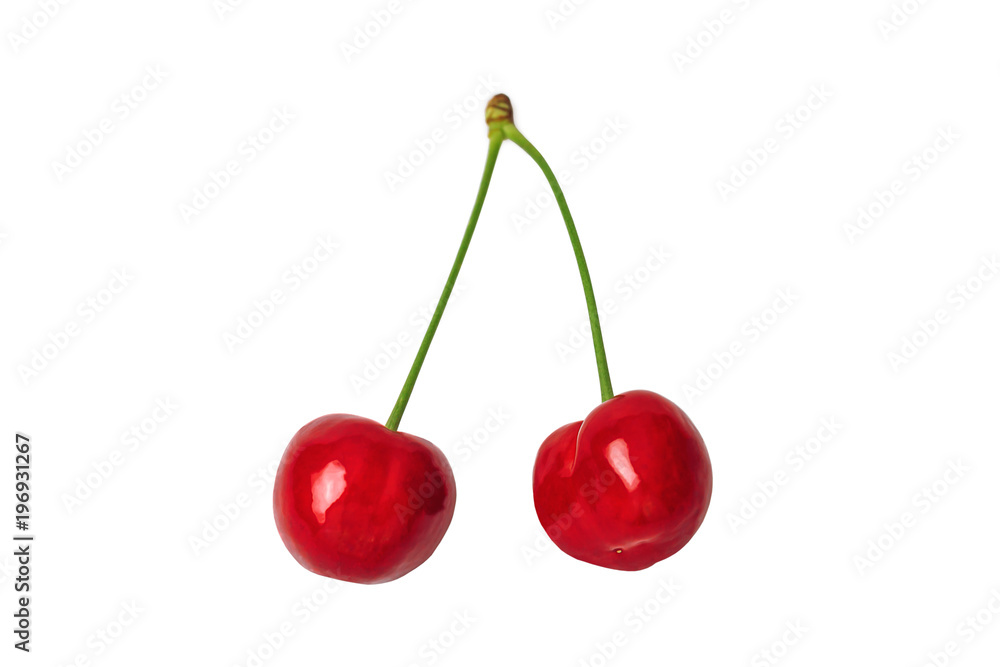 Two heart shaped fresh cherry berries isolated on white background Two heart shaped fresh cherry berries isolated on white background