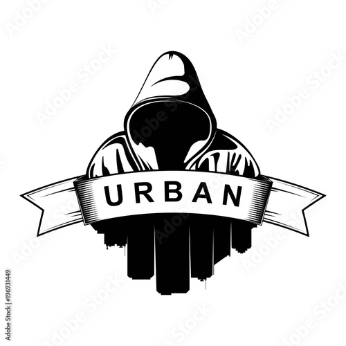 Logo design. Hooded man. City Silhouette. Urban. Street art. Vector Ilustration. 