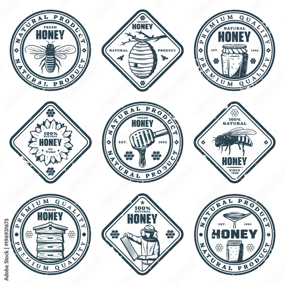 grunge rubber stamp Honey making vintage monochrome vector illustration set. emblems, labels, badges, logotypes and design elements. Apiary logo template