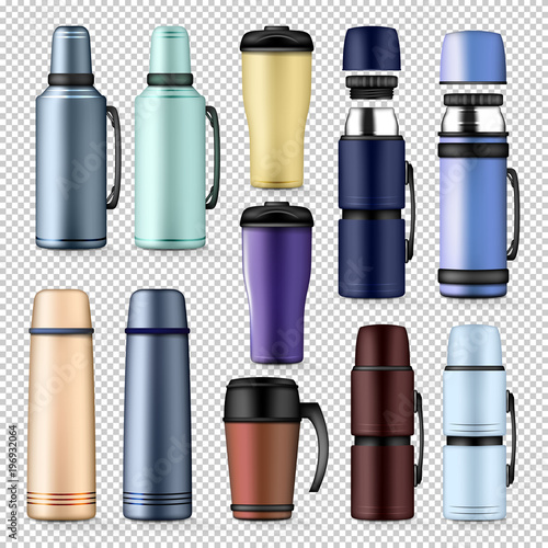 Thermos drink container mockup set. Realistic illustration of thermos mock-up for web