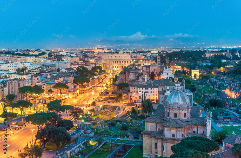Rome, Italy - 13 March 2018 - The cityscape from Vittoriano monument, in the center of Rome, also know as 'Altare della Patria'.