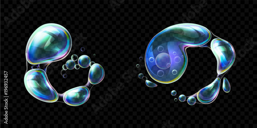 Set of realistic transparent colorful soap bubbles in the deformation. Water spheres with air, soapy balloons, lather, suds, soapsuds. Glossy Foam Balls with bright reflex. Vector 3d illustration.