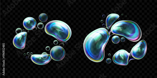 Set of realistic transparent colorful soap bubbles in the deformation. Water spheres with air, soapy balloons, lather, suds, soapsuds. Glossy Foam Balls with bright reflex. Vector 3d illustration.
