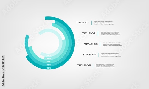 Circular chart color infographics step by step in a series of circle. Element of graph, diagram with 5 options- 20, 40, 60, 80, 100 percent, parts, processes. Vector business template for presentation